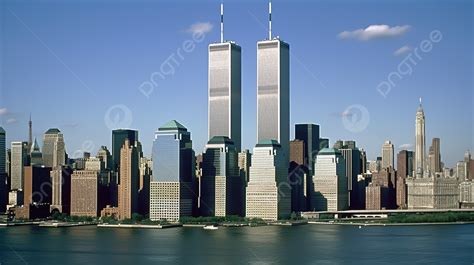 The Twin Towers Sit On A Body Of Water In Manhattan Background Picture
