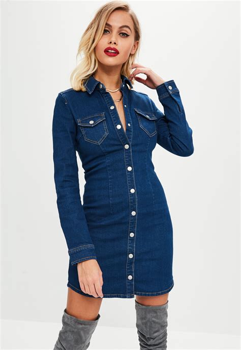 Lyst Missguided Petite Blue Fitted Button Through Denim Dress In Blue