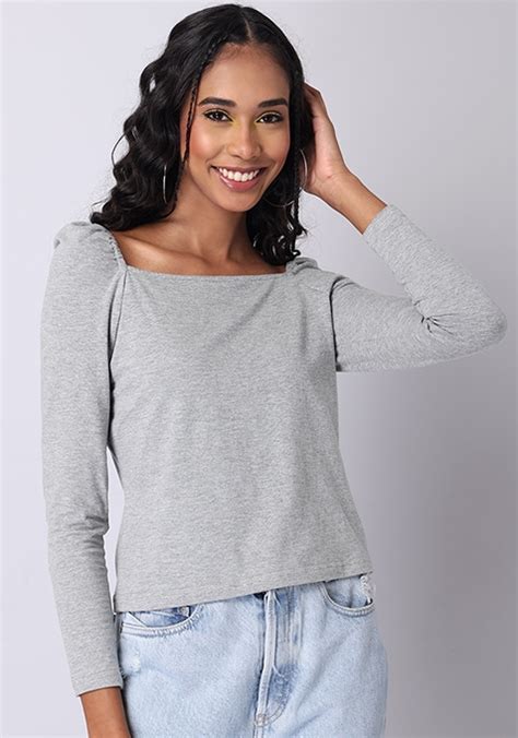 Buy Women Grey Square Neck Puff Sleeves Top Blouses Online India