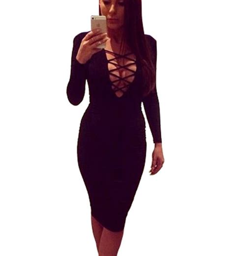 Women Sexy Long Sleeve Stretch Bodycon Party Bandage Dresses Black Cs12df7yw1t