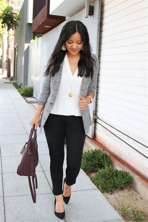 Business Casual Grey And White Blazer White Blouse Black Pants
