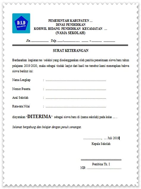 Format Surat Keterangan Diterima Sebagai Siswa Baru Dem