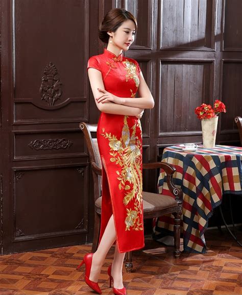 Impressive Phoenix Embroidery Qipao Cheongsam Dress Red Qipao