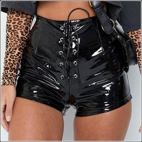 2020 women sexy pu patent leather bandage skinny shorts high waist lace up pvc latex solid color