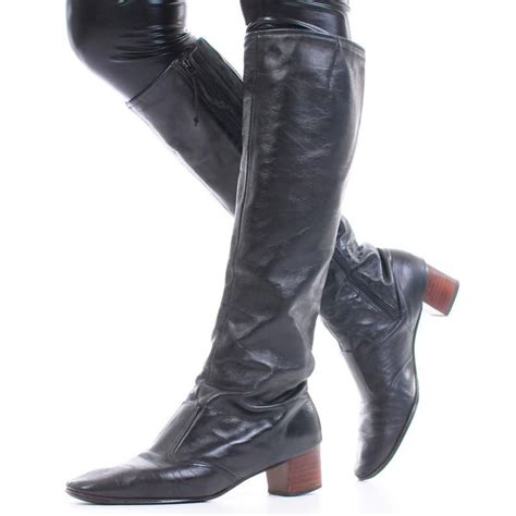 70s Knee High Black Leather Block High Heel Cobbies Boho Boots Etsy