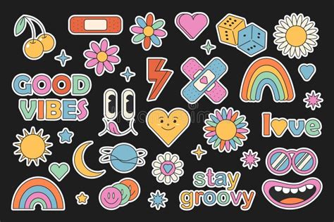 Retro 70s Hippie Stickers Groovy Elements Cartoon Funky Flowers
