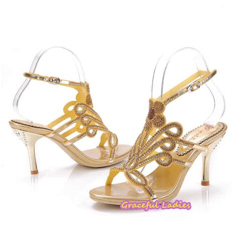 Gold Wedding Shoes Hand Made Set Auger High Heels Diamond Rhinestone