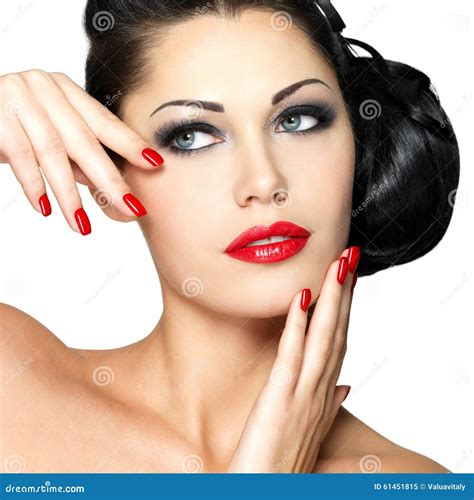 Beautiful Woman With Red Nails And Fashion Makeup Stock Image Image Of Girl Beauty 61451815