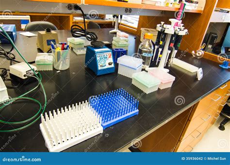 Organized Laboratory Bench In Preparation For Experiment Stock Photo