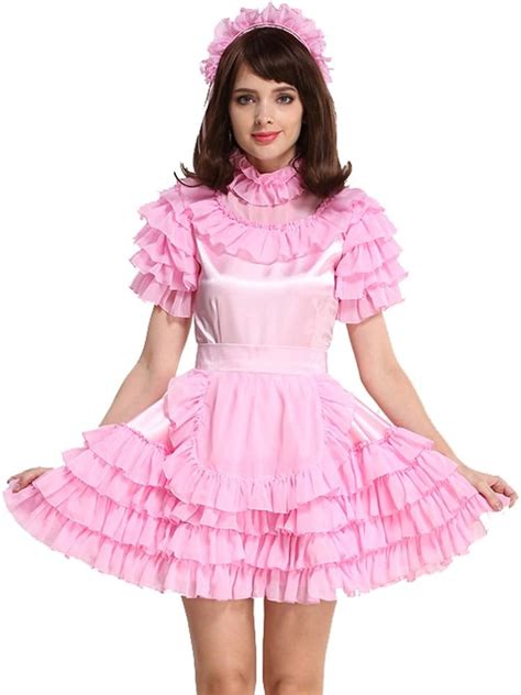 pink sissy maid satin dress uniform lockable tailor made unisex costumes reenactment theater