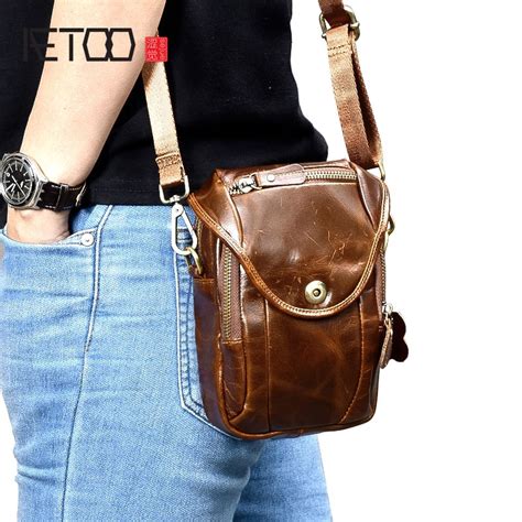 Aetoo Oil Wax Leather Mens Small Bag Retro Tide Dual Use Leather Mini Shoulder Messenger Bag