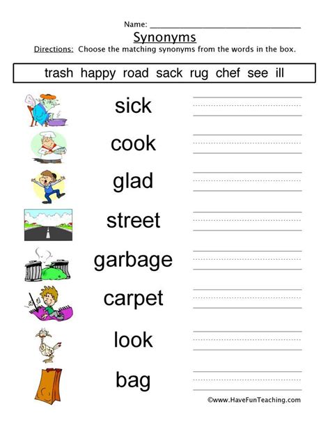 Synonyms Worksheet First Grade