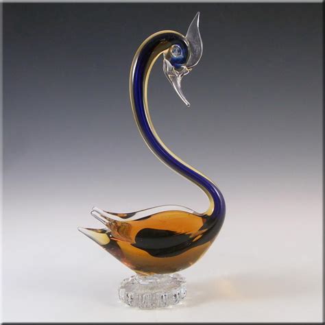 Murano 1950 S Blue And Amber Sommerso Glass Swan Figurine Swan Figurine Blue Glass Jug Blue Amber