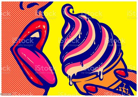 Pop Art Comic Book Mouth Of Woman Eating Ice Cream With Tongue Out