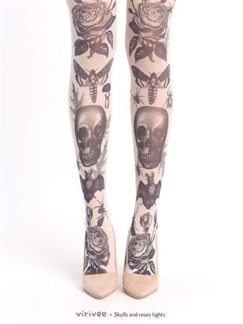 skull and roses gothic tights ivory virivee tights unique tights designed and made in europe