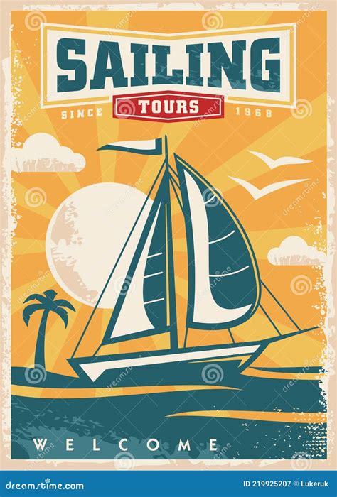 Sail Boat In A Beautiful Sunset Retro Travel Poster Stock Vector