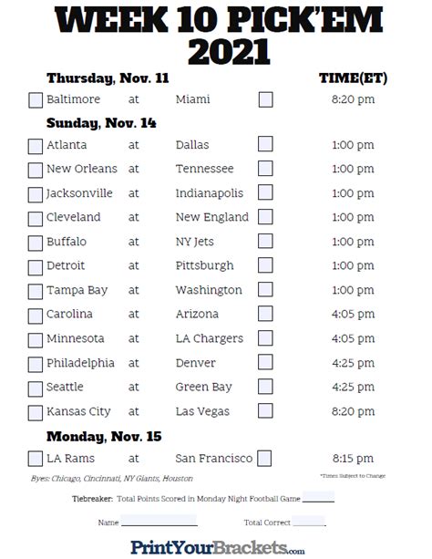 Nfl Weekly Pickem Sheets Printable Single Double All