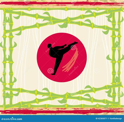 Karate Abstract Card Bamboo Frame Cartoon Vector