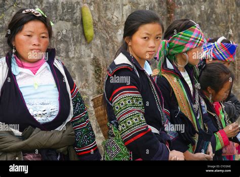 Vietnam, Sapa Market, Black Hmong women in traditional dress Stock ...