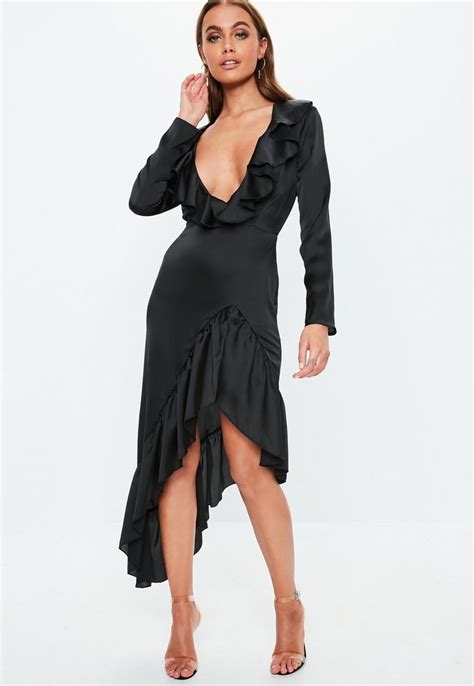 Missguided Black Plunge Satin Frill Midi Dress Dresses Midi Dress