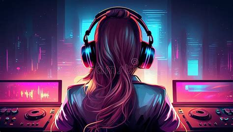 Illustration Of A Female Dj With Headphones Playing Music Stock