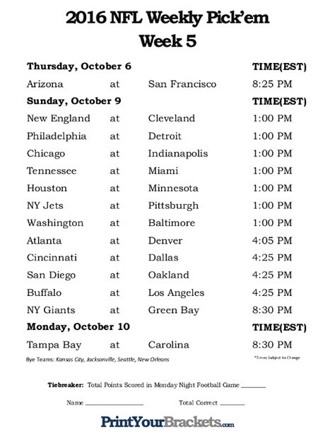 Printable Nfl Week 5 Schedule Pick Em Office Pool 2016