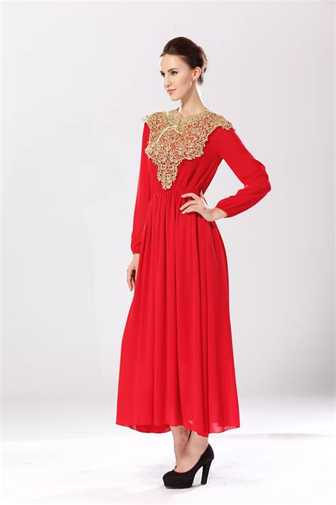Elegant Long Sleeve Pleated Dress With Lace Detail Available In Red And