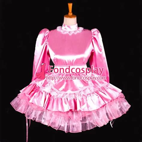 sissy maid dress lockable pink satin french maid uniform dress cosplay costume custom made on