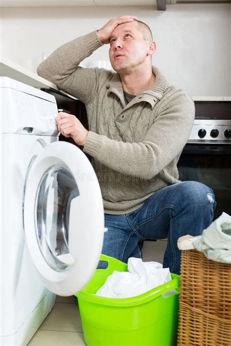 Sad Guy Using Washing Machine Stock Image Image Of Handsome Smiling 51240029