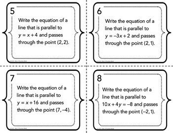 Find the equation of a line parallel to a given line passing through a given point this video provides an example of how to find the equation of a line that is parallel to a given. Equations of Parallel and Perpendicular Lines Task Cards ...