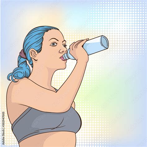 A Beautiful Girl Is Drinking Water From A Bottlepop Art Retro Comic