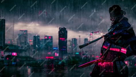 Premium Photo Samurai On The Background Of The Night Neon City Rain