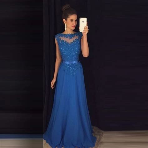 Vestidos De Baile Azul Royal Lace Applique Lantejoula Vestido De Formatura Longo De Uma Linha De