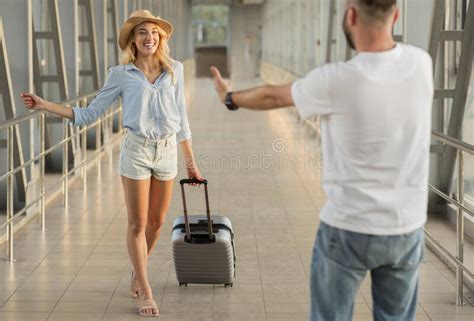 Man Picking Up His Girlfriend At The Airport Building Stock Image Image Of Male Adult 191717665