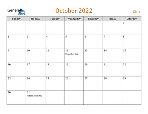 October 2022 Calendar With Chile Holidays