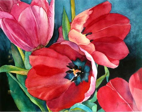 Red Tulips Watercolor Painting Close Up Of Three Red Tulips