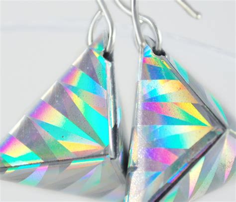 3d Holographic Earrings Origami Triangle Silver Rainbow Colors Etsy