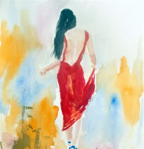 Original Figurative Watercolor Paintingwoman With Red
