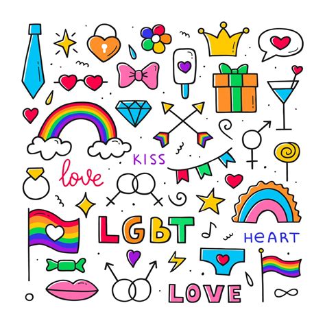 lgbt vector doodle set in color gay parade hand drawn sketch isolated outline illustrations