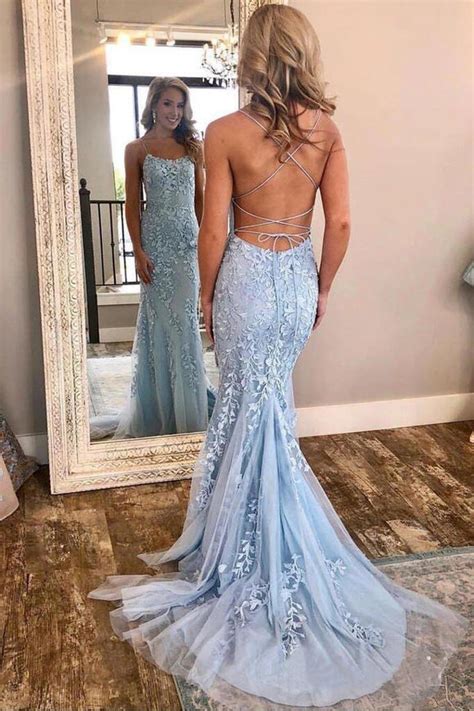 Spaghetti Strap Light Sky Blue Mermaid Prom Dresses Backless Formal Dr
