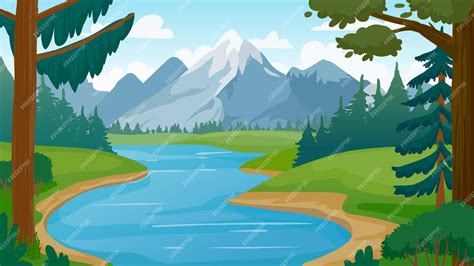 Premium Vector Mountain And Lake Landscape Cartoon Rocky Mountains