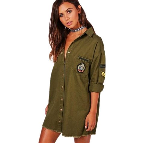 Buy Army Green Shirt Dress Turn Down Collar Long