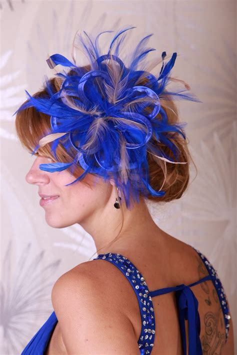 royal blue satin and feathers taupe nude highlight feather small fascinator hat abbie