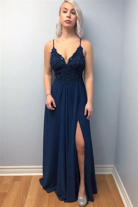 A Line V Neck Lace Beading Top Cross Back Navy Blue Prom Dresses With