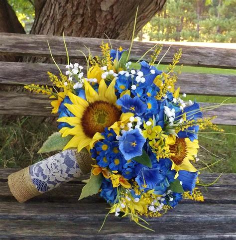 rustic sunflower and cobalt royal blue bridal bouquet with burlap and lace sunflower wedding