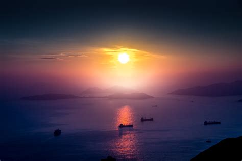 Landscape Sunrise Boat Mist Mountain Horizon Hd Nature