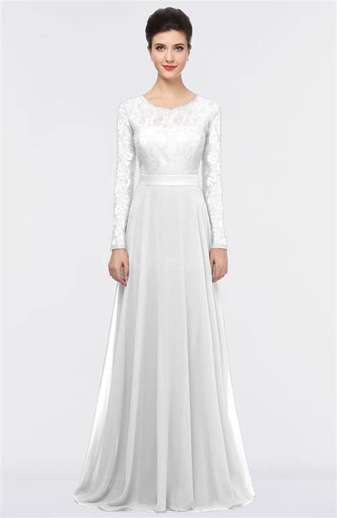 white romantic a line scoop long sleeve floor length lace prom dresses