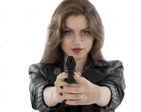 Beautiful Woman Holding A Gun On White Background Stock Image Image