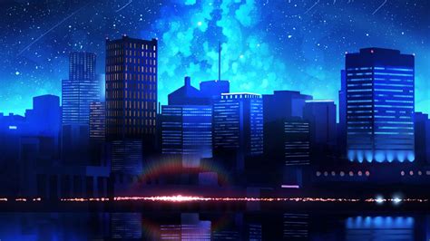 Wallpaper City Night Starry Sky Water Reflection Hd