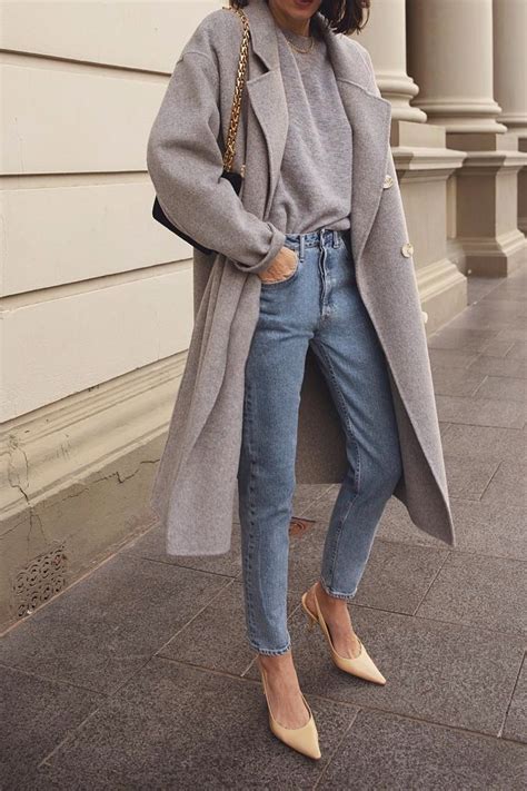Fall Winter Outfit Grey Coat Blue Jeans Grey Sweater Nude